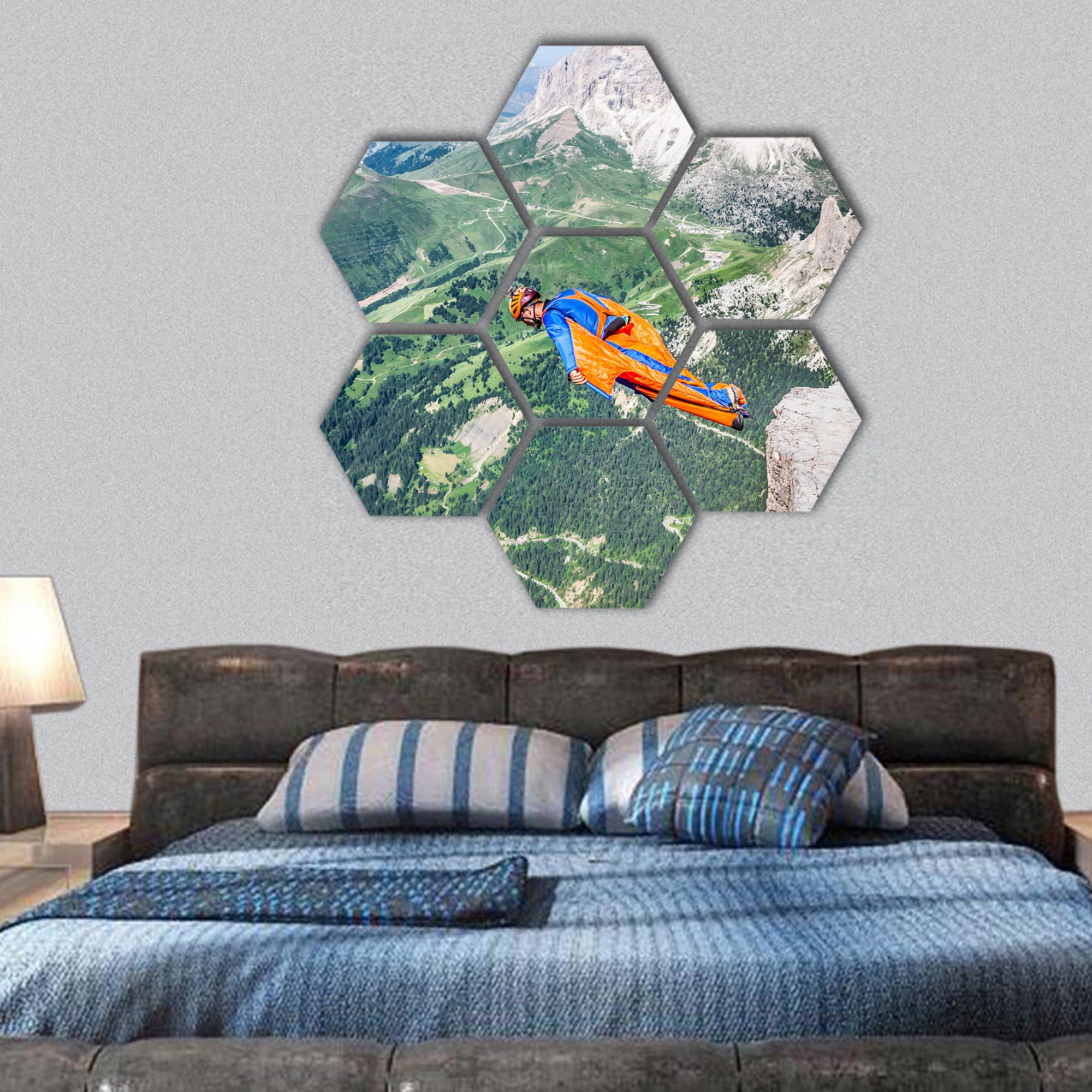 BASE jumper jumping off a big cliff in Dolomites Italy, hexagonal canvas wall art