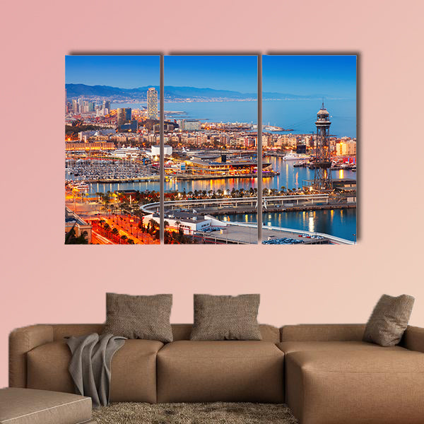 Barcelona city and Port in evening, Catalonia, Spain multi panel canvas wall art