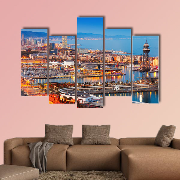 Barcelona city and Port in evening, Catalonia, Spain multi panel canvas wall art