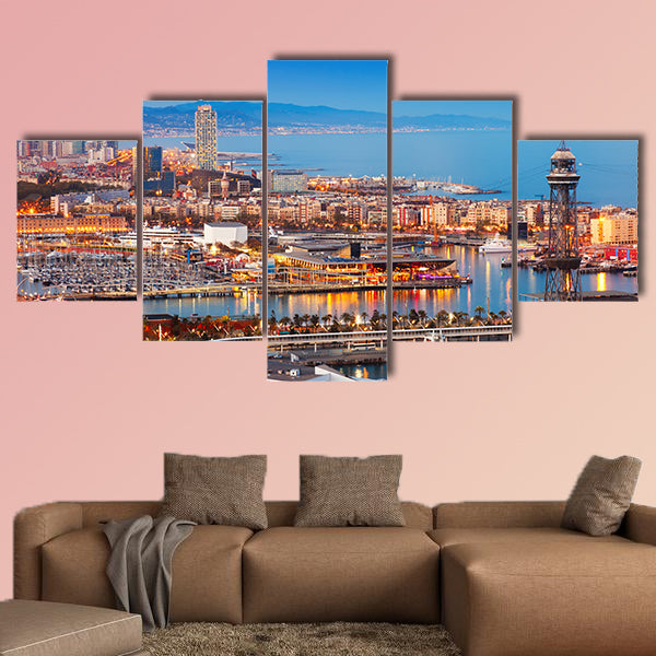 Barcelona city and Port in evening, Catalonia, Spain multi panel canvas wall art