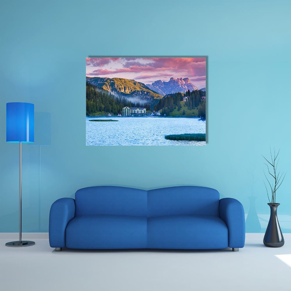 Beautiful Summer Morning On The Lake Misurina, In Italy Multi Panel Canvas Wall Art