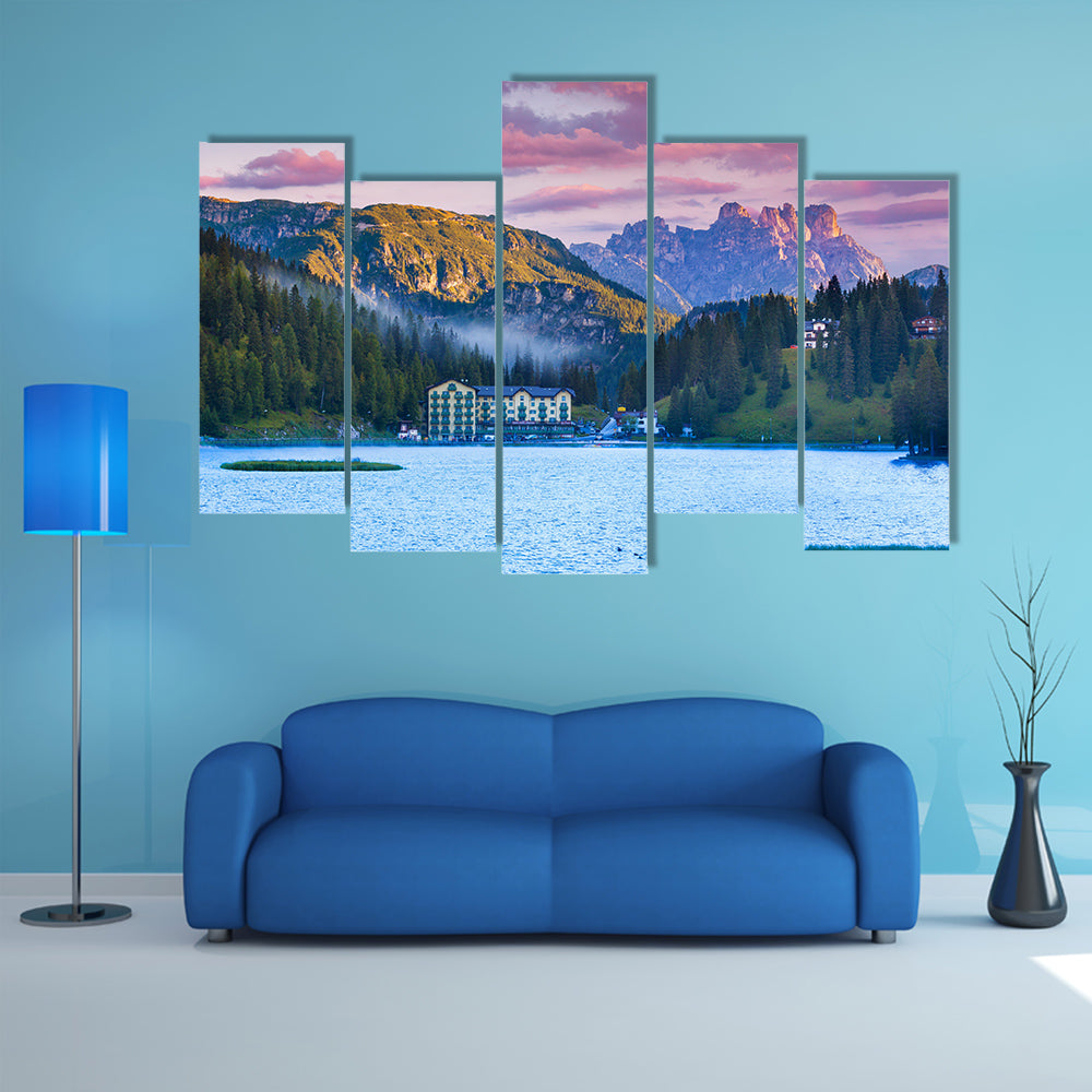 Beautiful Summer Morning On The Lake Misurina, In Italy Multi Panel Canvas Wall Art
