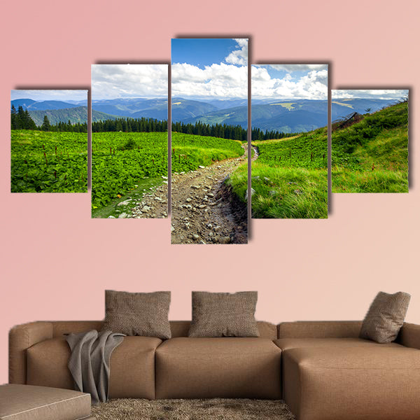 Summer landscape, mountain path with forest multi panel canvas wall art