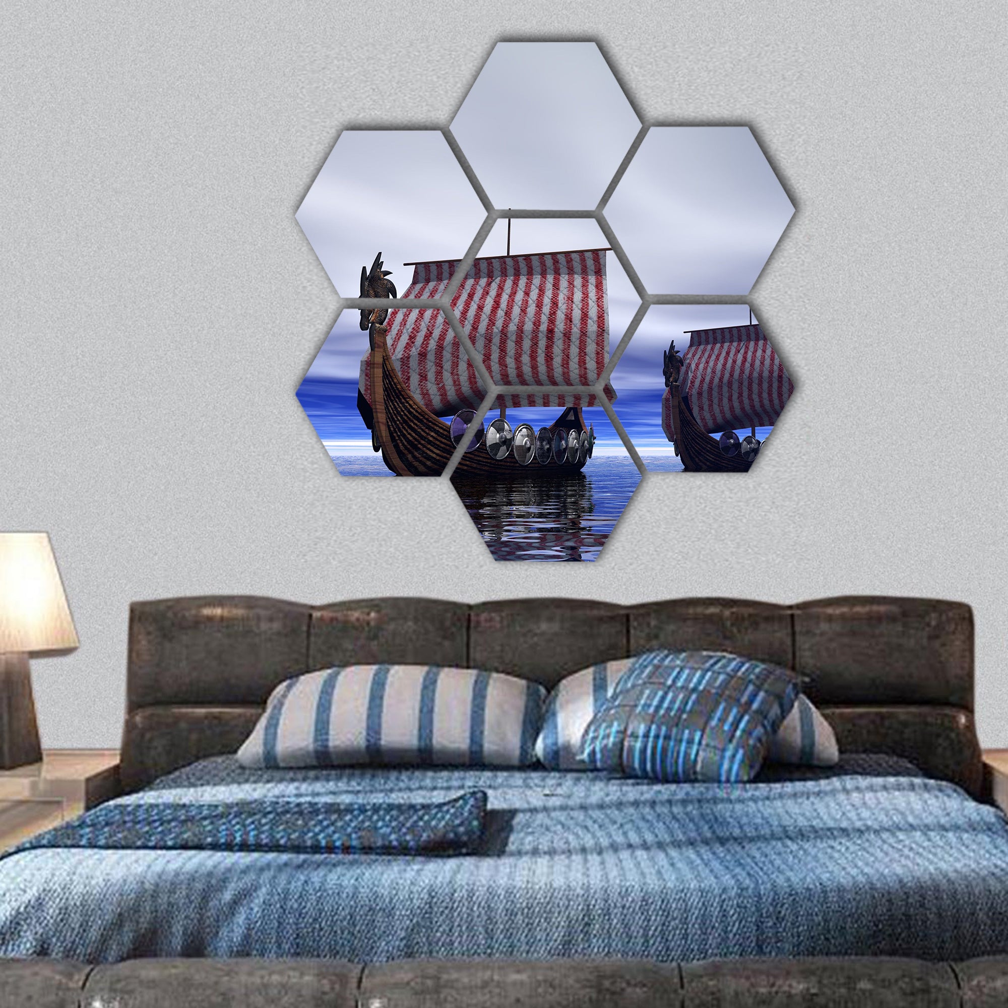 Viking Ships searching hexagonal canvas wall art