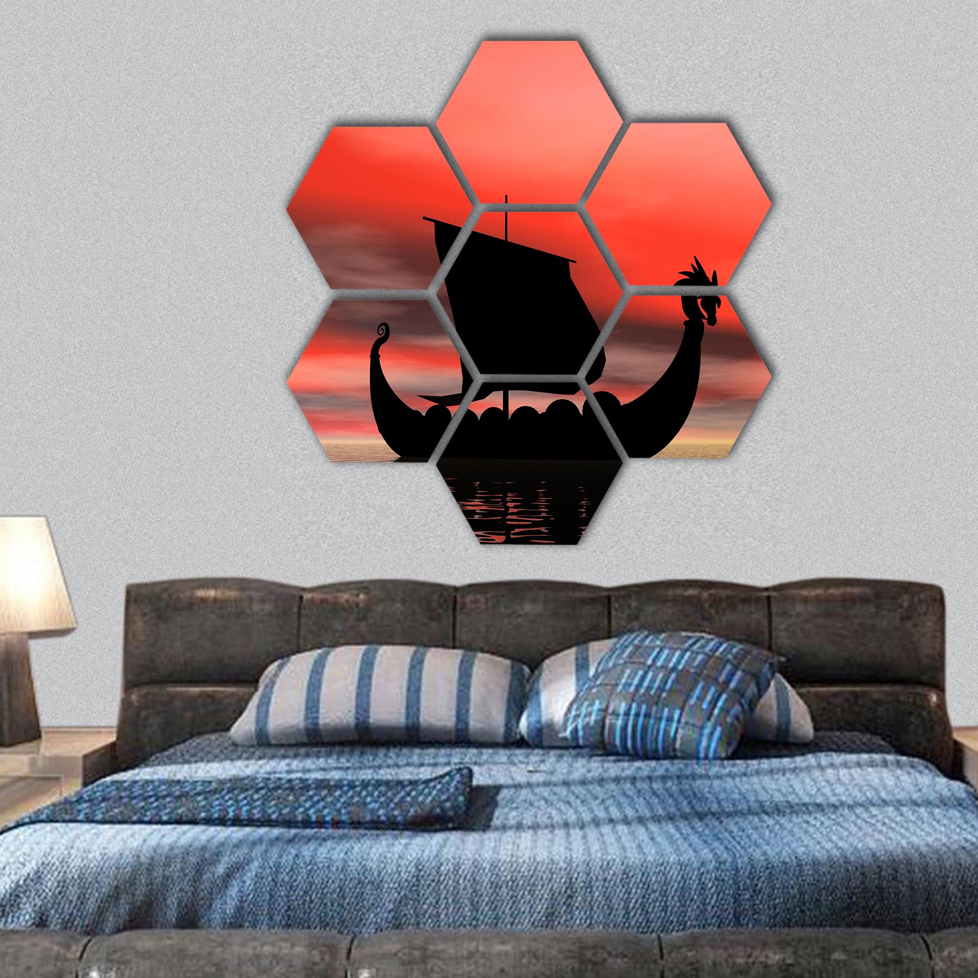Viking ship at sundown hexagonal canvas wall art