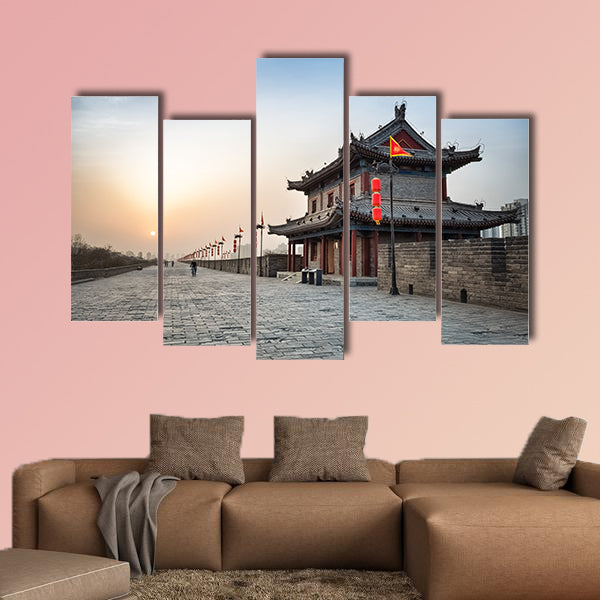 Xian city wall and ancient tower at dusk multi panel canvas wall art