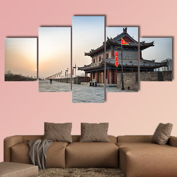 Xian city wall and ancient tower at dusk multi panel canvas wall art