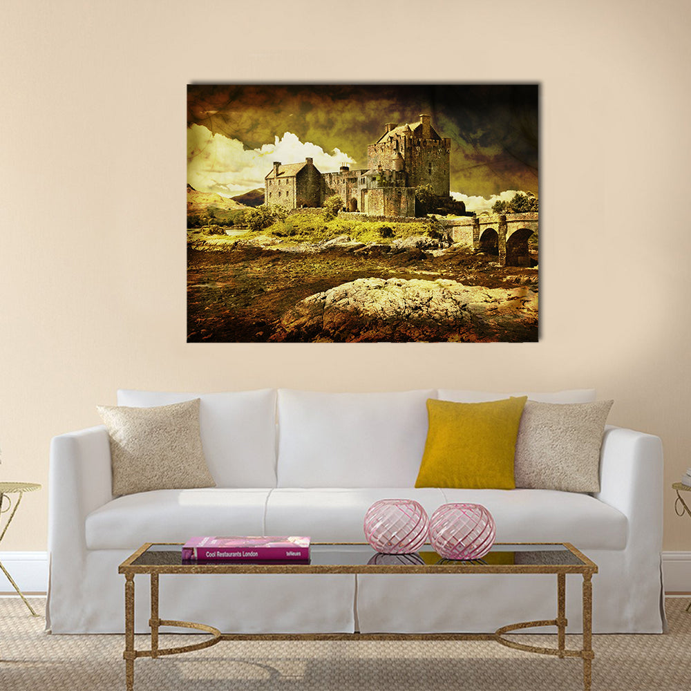 Old Scottish castle in distressed vintage style Multi Panel Canvas Wall Art