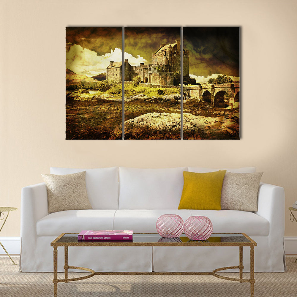 Old Scottish castle in distressed vintage style Multi Panel Canvas Wall Art