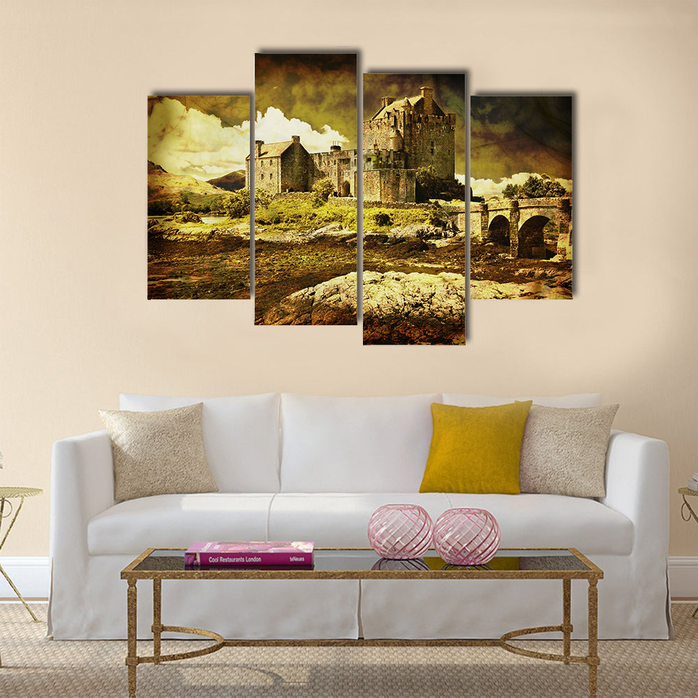 Old Scottish castle in distressed vintage style Multi Panel Canvas Wall Art