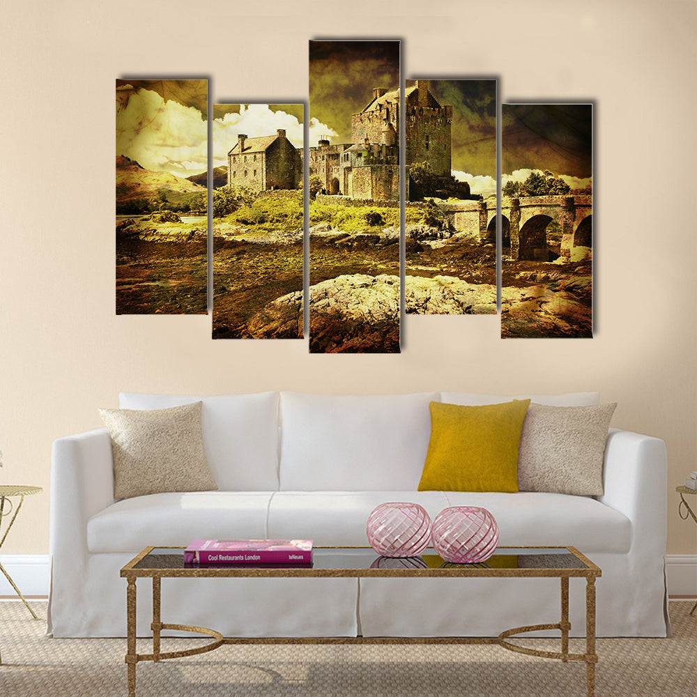 Old Scottish castle in distressed vintage style Multi Panel Canvas Wall Art