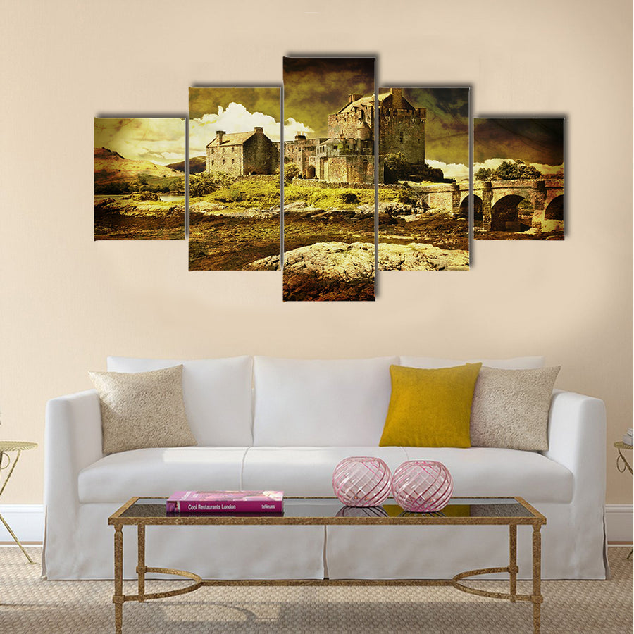 Old Scottish castle in distressed vintage style Multi Panel Canvas Wall Art