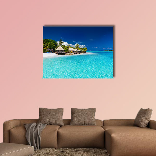  Beach Villas on small Tropical Island with palm trees multi panel canvas wall art