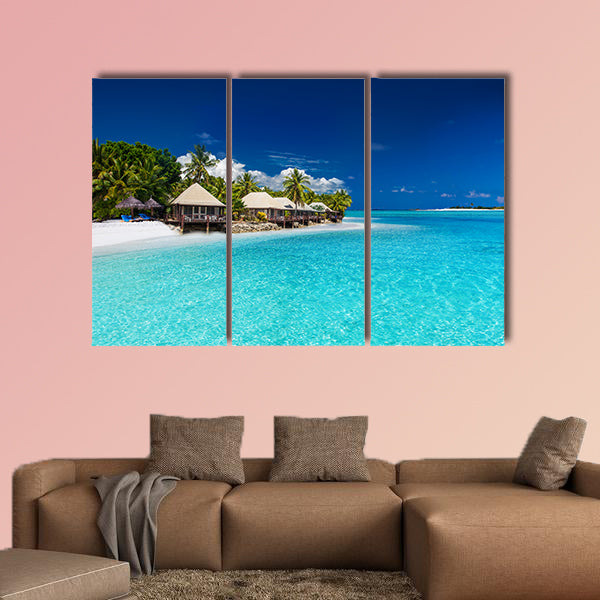  Beach Villas on small Tropical Island with palm trees multi panel canvas wall art