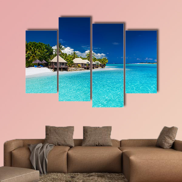  Beach Villas on small Tropical Island with palm trees multi panel canvas wall art