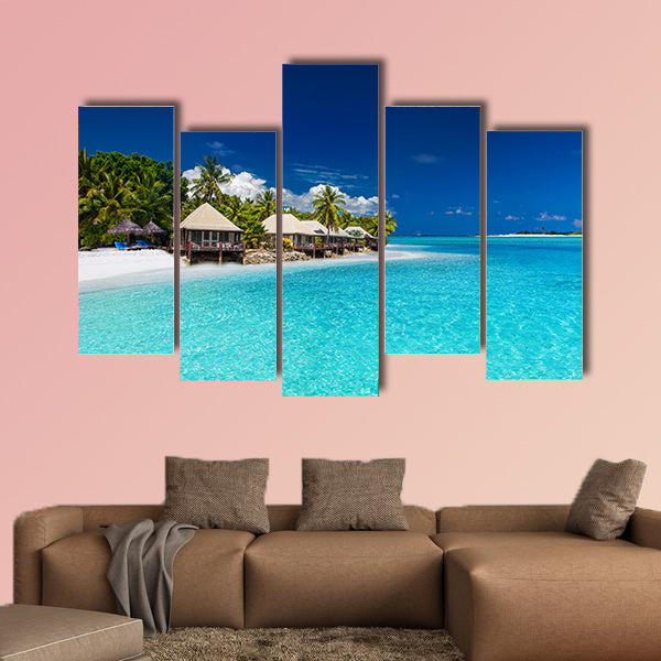  Beach Villas on small Tropical Island with palm trees multi panel canvas wall art
