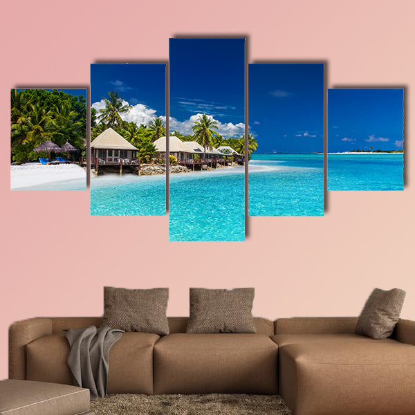  Beach Villas on small Tropical Island with palm trees multi panel canvas wall art