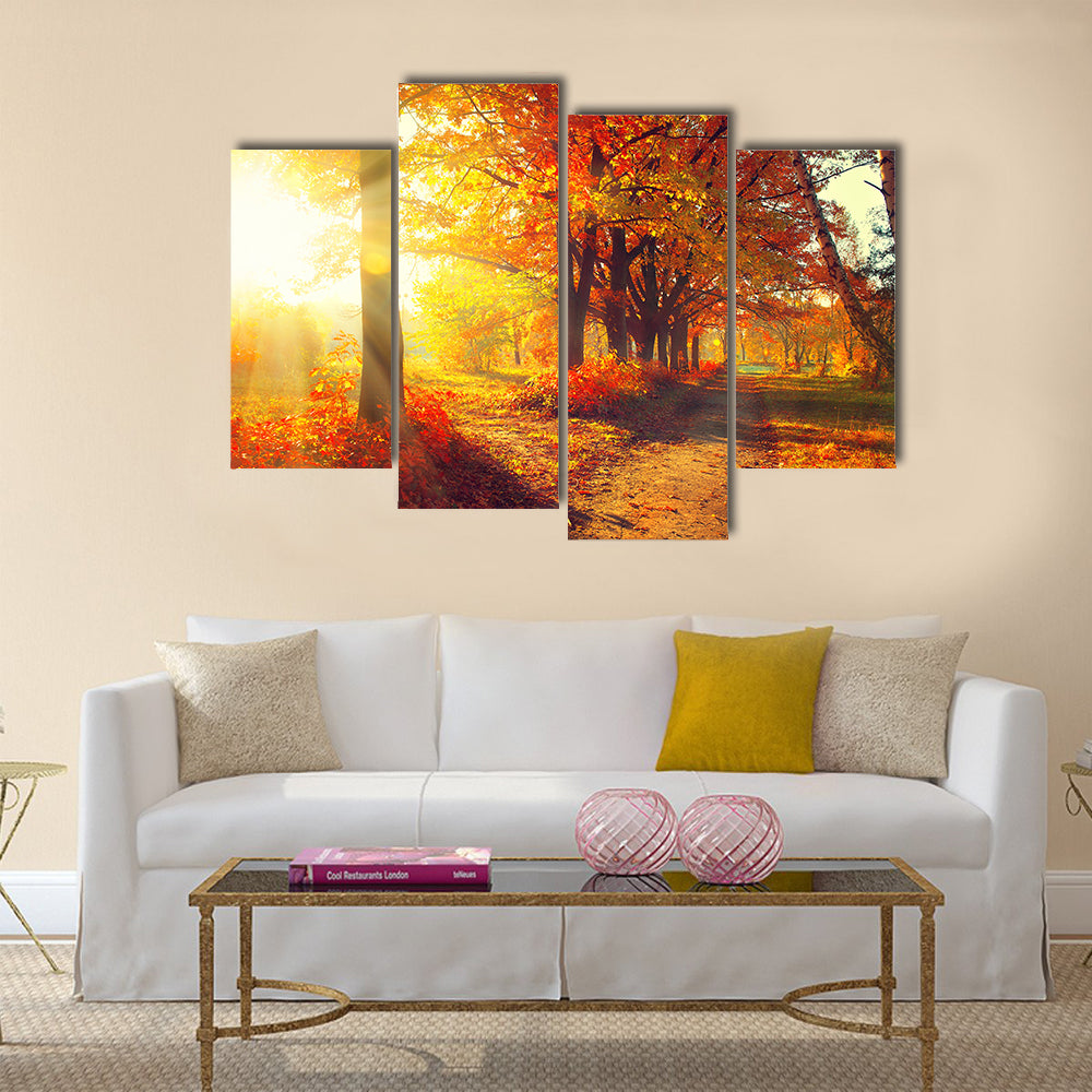 Fall. Autumn Park. Autumnal Trees and Leaves in sun rays Multi panel canvas wall art