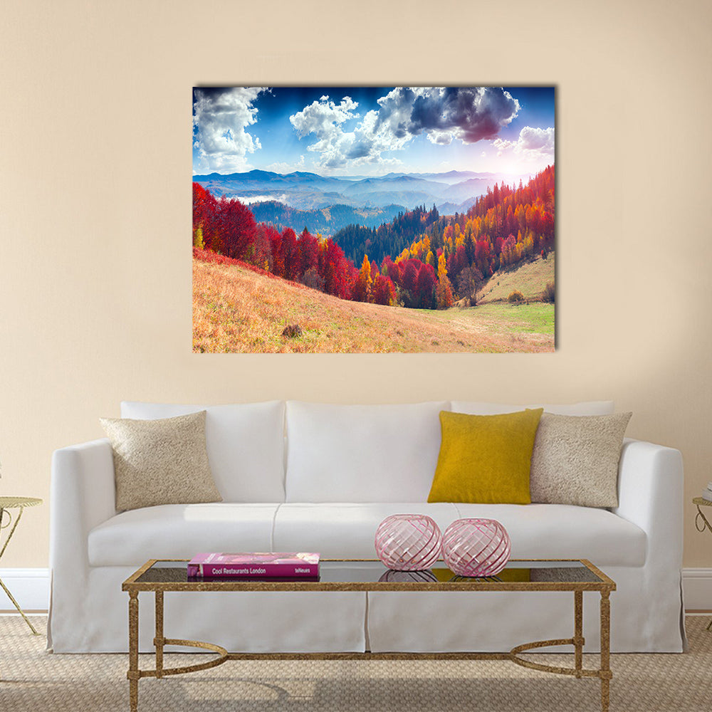 Colorful autumn landscape in the mountain village Multi panel canvas wall art