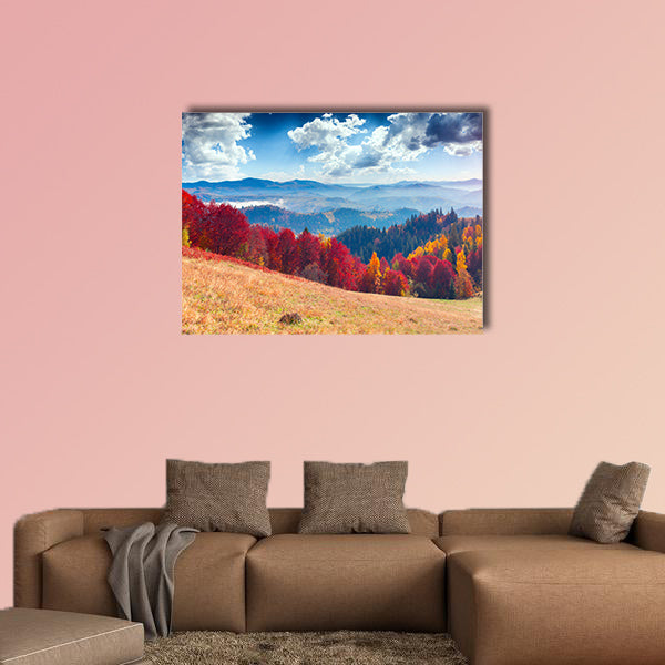 Colorful autumn landscape in the mountain village Foggy morning wall art