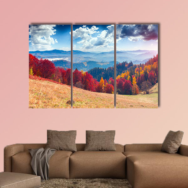 Colorful autumn landscape in the mountain village Foggy morning wall art