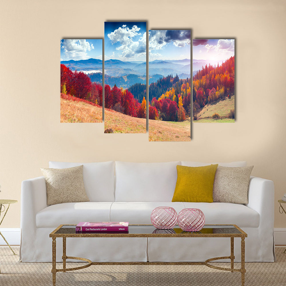 Colorful autumn landscape in the mountain village Multi panel canvas wall art