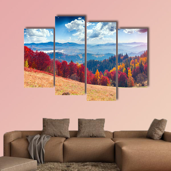 Colorful autumn landscape in the mountain village Foggy morning wall art