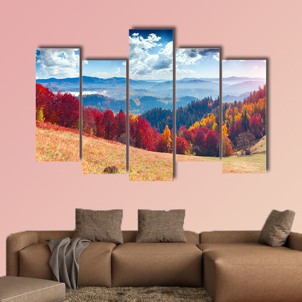 Colorful autumn landscape in the mountain village Foggy morning wall art