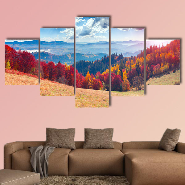 Colorful autumn landscape in the mountain village Foggy morning wall art