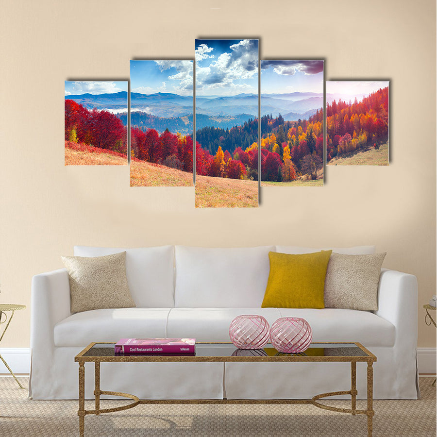 Colorful autumn landscape in the mountain village Multi panel canvas wall art