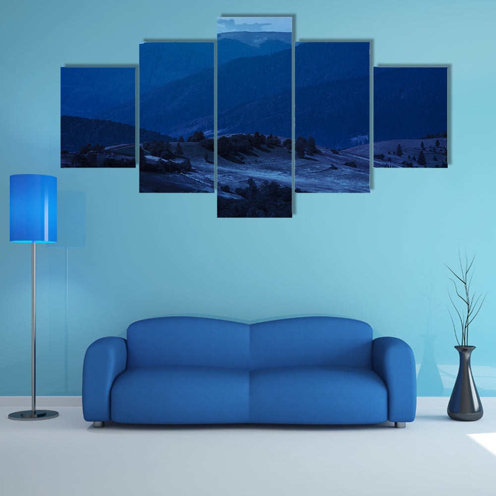 A Mountain Summer Landscape With Pine Trees Near Meadow And Forest On Hillside Multi Panel Canvas Wall Art