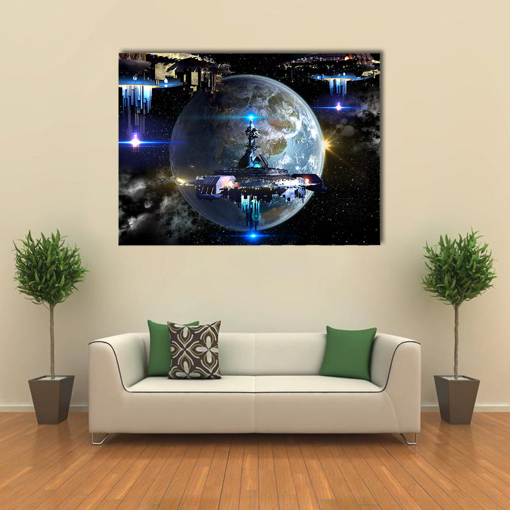 Alien Spaceship Fleet Attacking Earth Multi Panel Canvas Wall Art