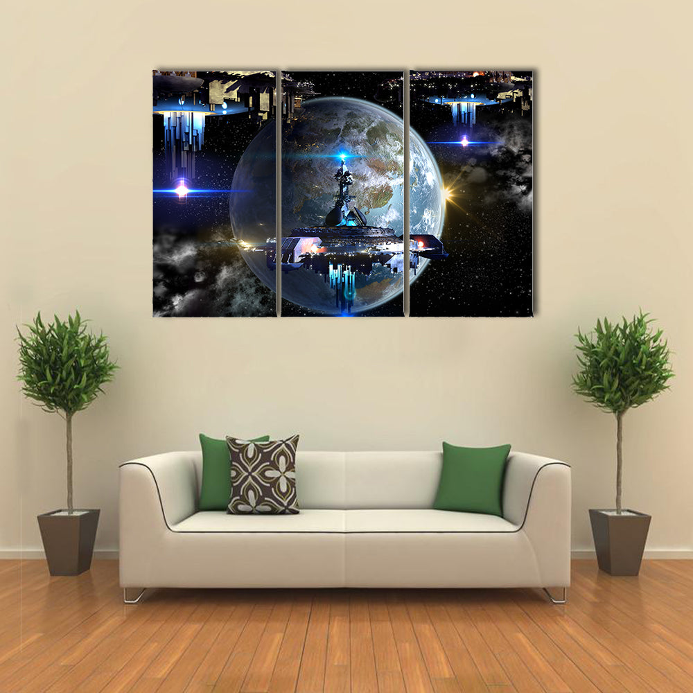 Alien Spaceship Fleet Attacking Earth Multi Panel Canvas Wall Art