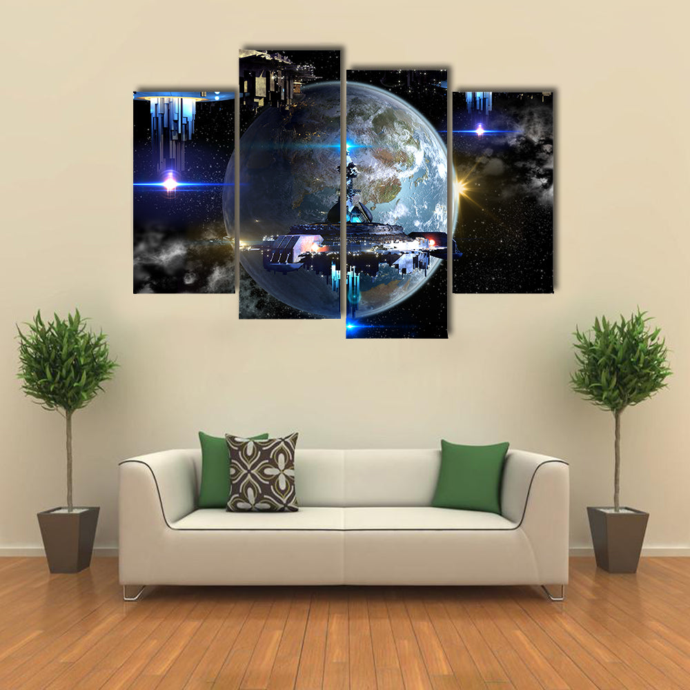 Alien Spaceship Fleet Attacking Earth Multi Panel Canvas Wall Art