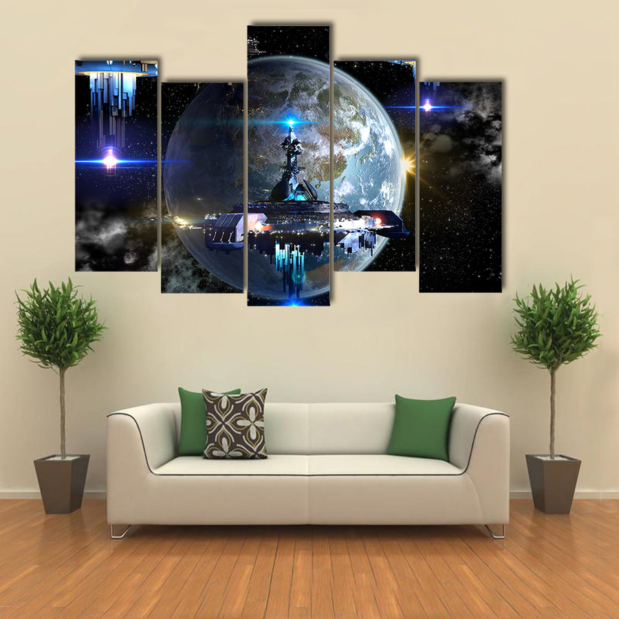Alien Spaceship Fleet Attacking Earth Multi Panel Canvas Wall Art