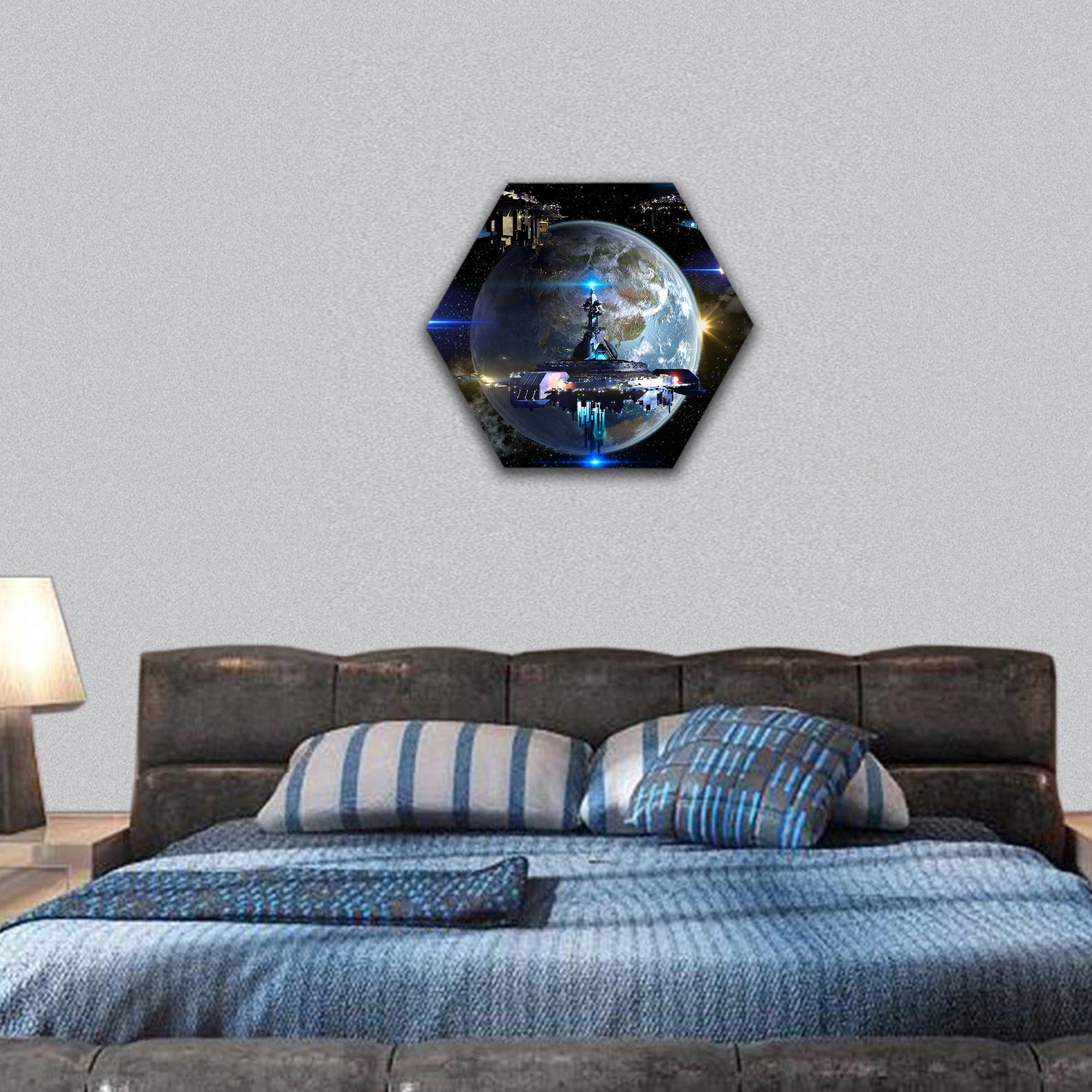 Alien spaceship fleet nearing Earth  hexagonal canvas wall art