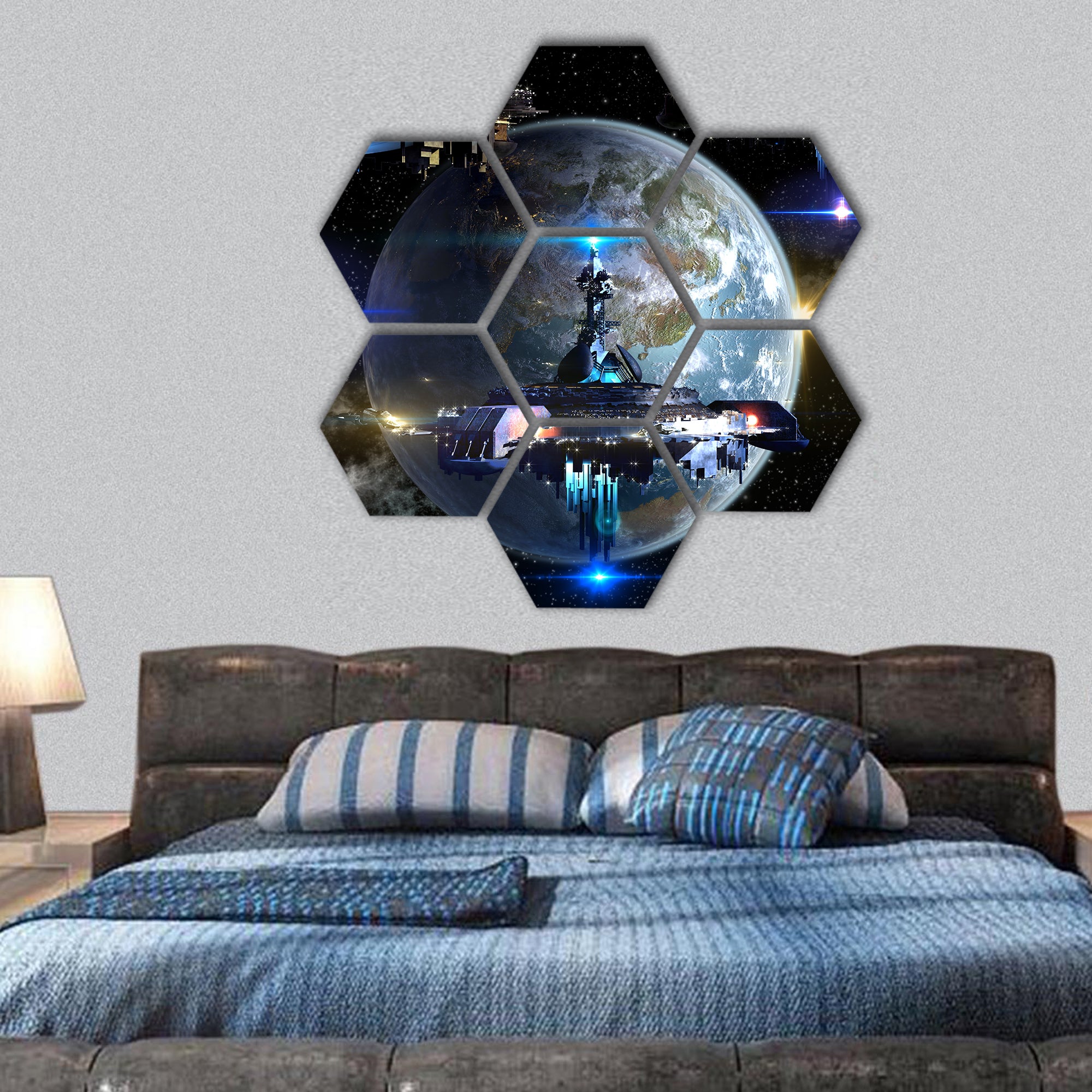 Alien spaceship fleet nearing Earth  hexagonal canvas wall art