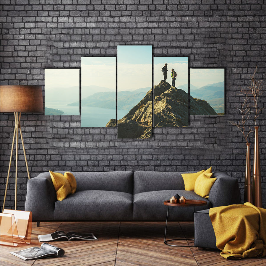 From The Top Of The Mountain, Female Hikers Are Enjoying The Valley Below, Ben A, Multi Panel Canvas Wall Art