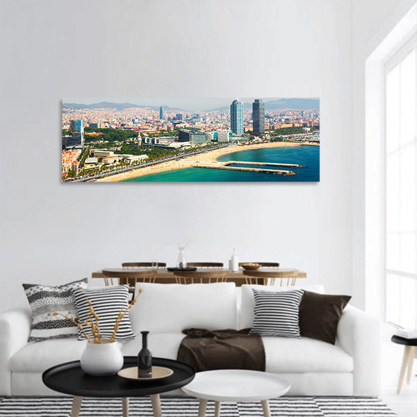 Barcelona from Mediterranean sea Beach and Port Olimpic panoramic canvas wall art