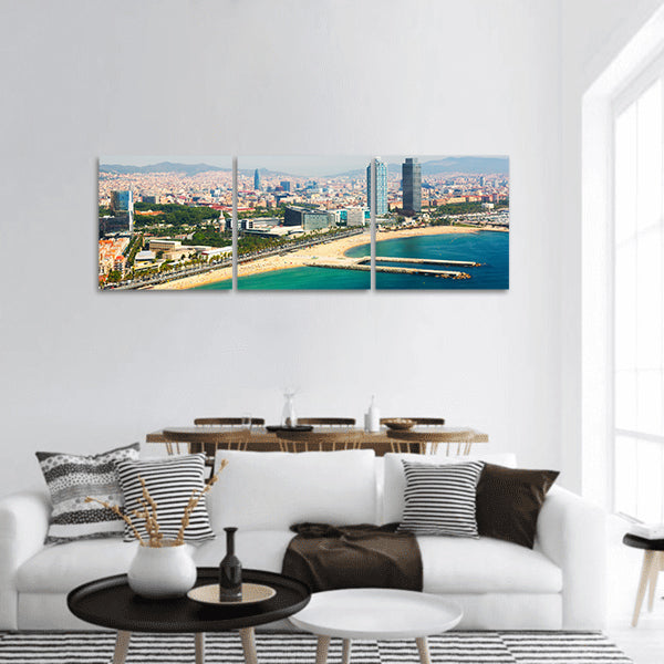 Barcelona from Mediterranean sea Beach and Port Olimpic panoramic canvas wall art