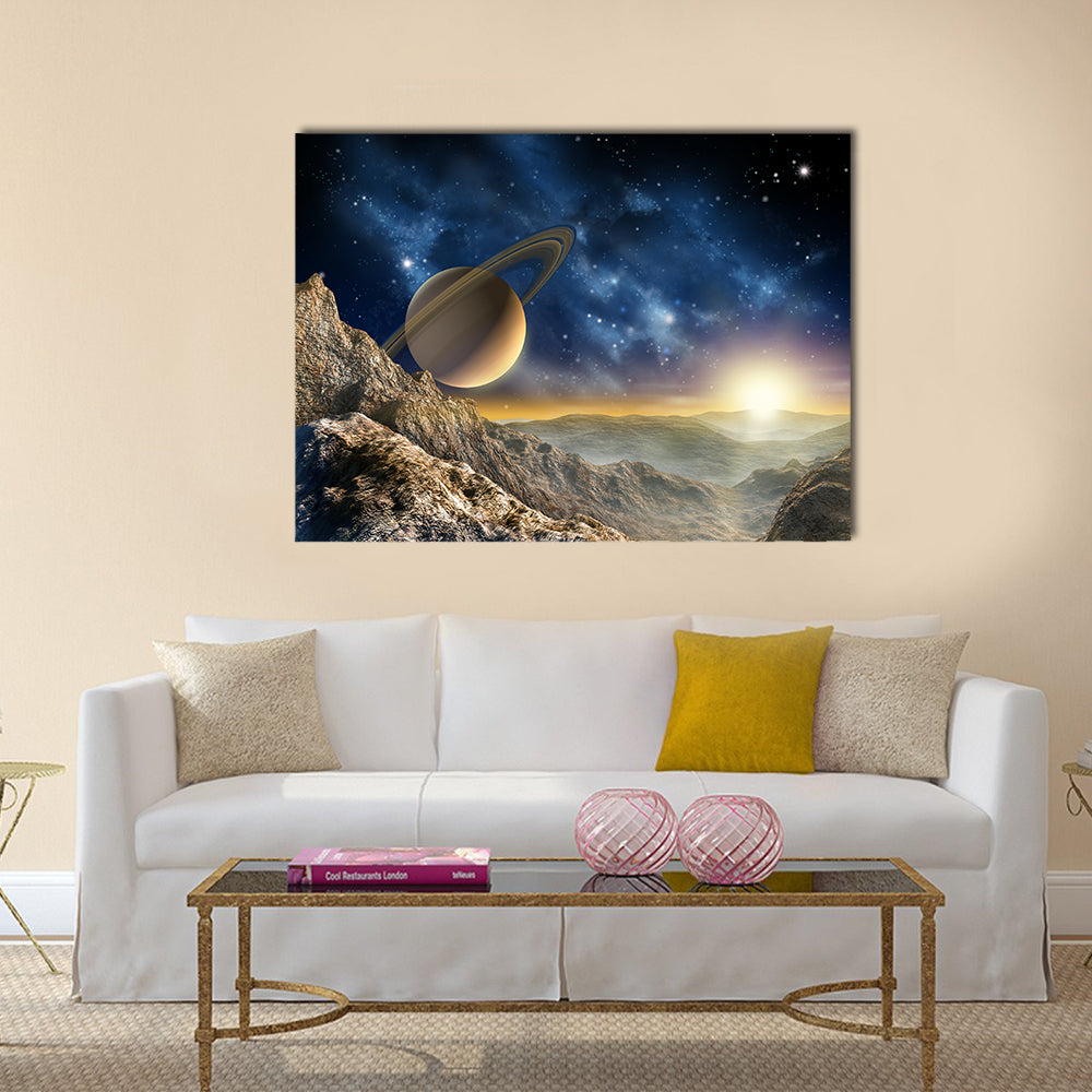 Gorgeous spacescape as seen from one of Saturn moon. Digital illustration Multi Panel Canvas Wall Art