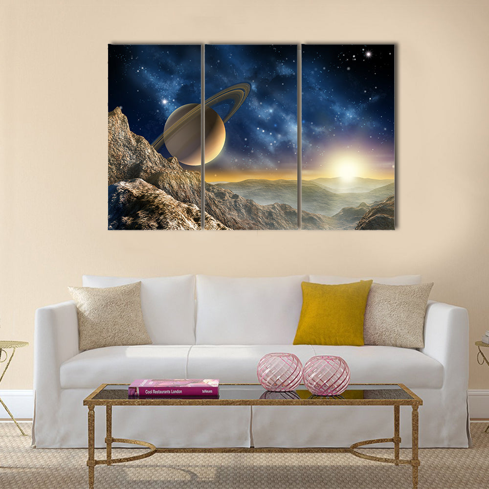 Gorgeous spacescape as seen from one of Saturn moon. Digital illustration Multi Panel Canvas Wall Art