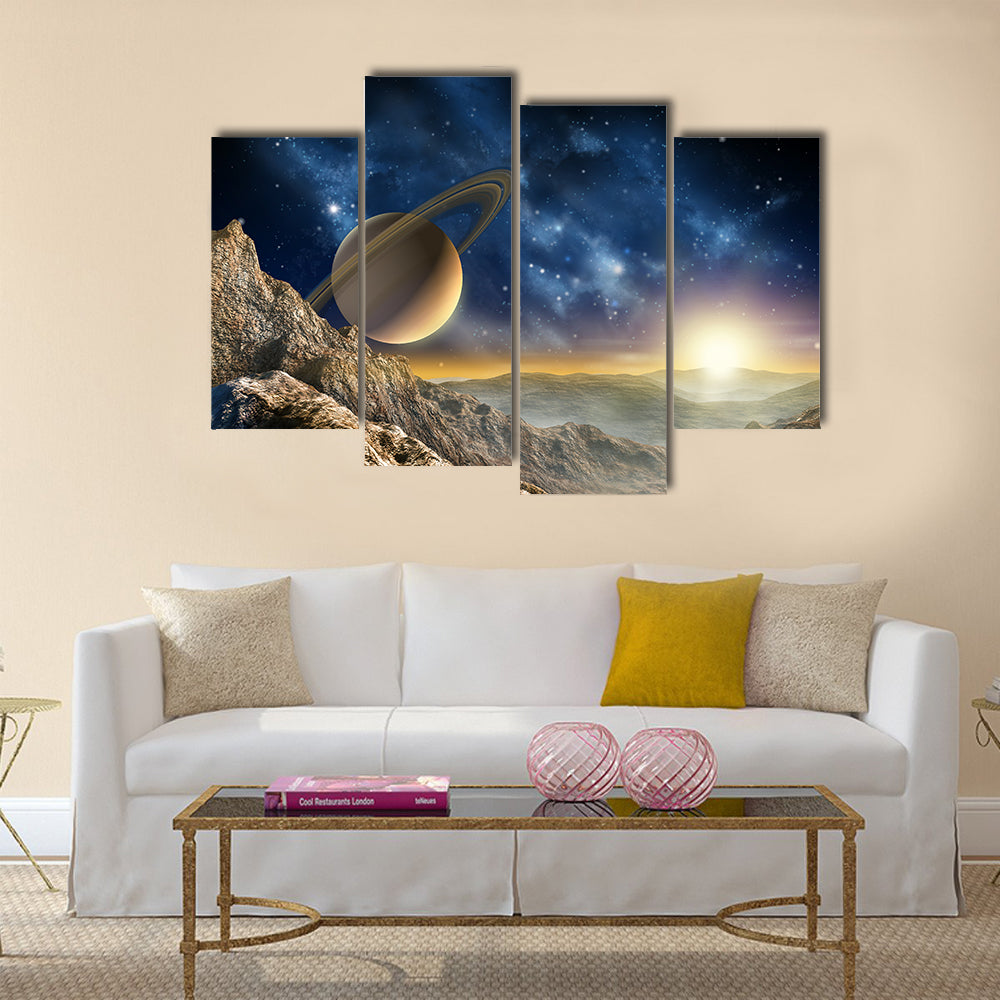Gorgeous spacescape as seen from one of Saturn moon. Digital illustration Multi Panel Canvas Wall Art