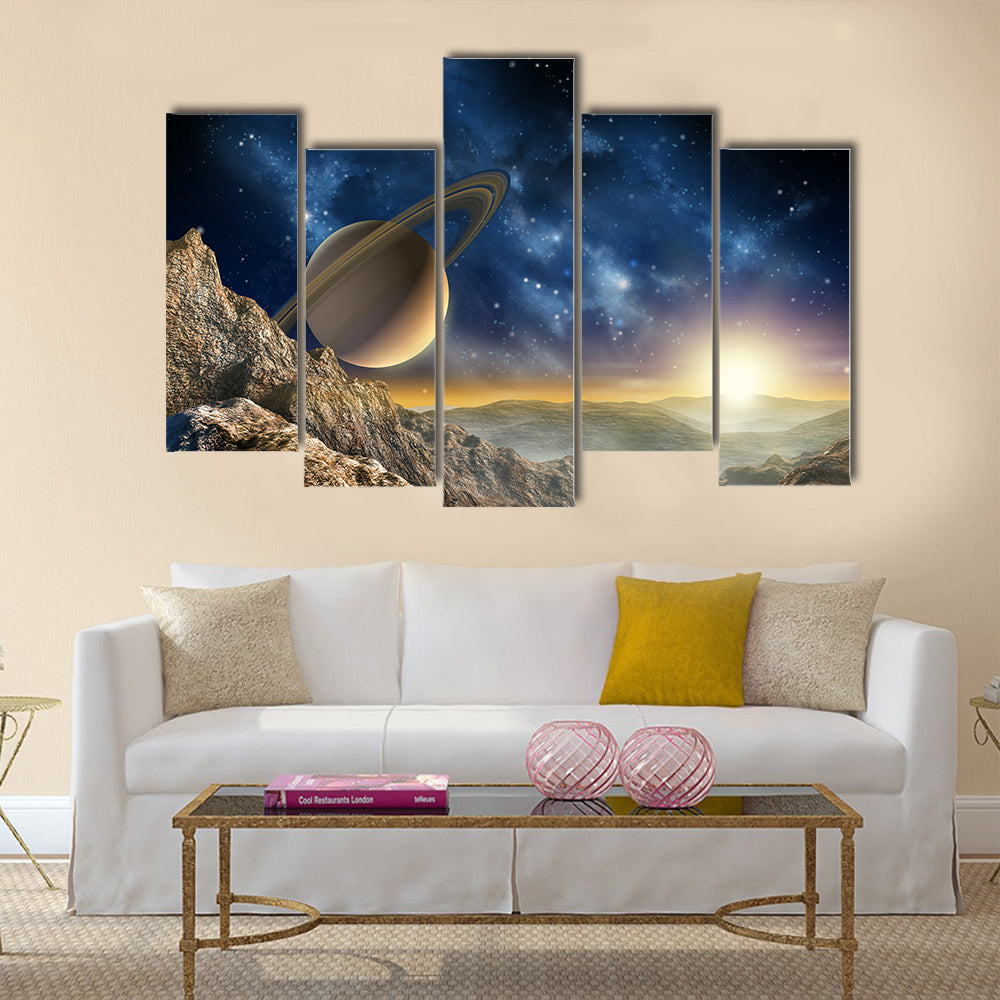 Gorgeous spacescape as seen from one of Saturn moon. Digital illustration Multi Panel Canvas Wall Art