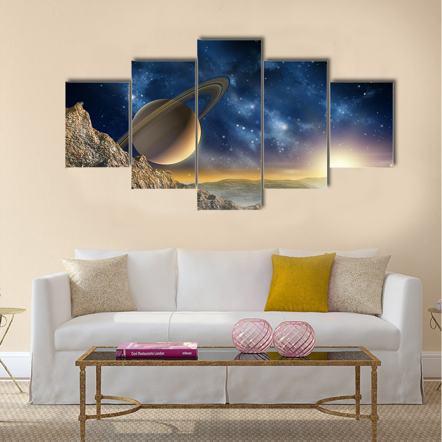 Gorgeous spacescape as seen from one of Saturn moon. Digital illustration Multi Panel Canvas Wall Art