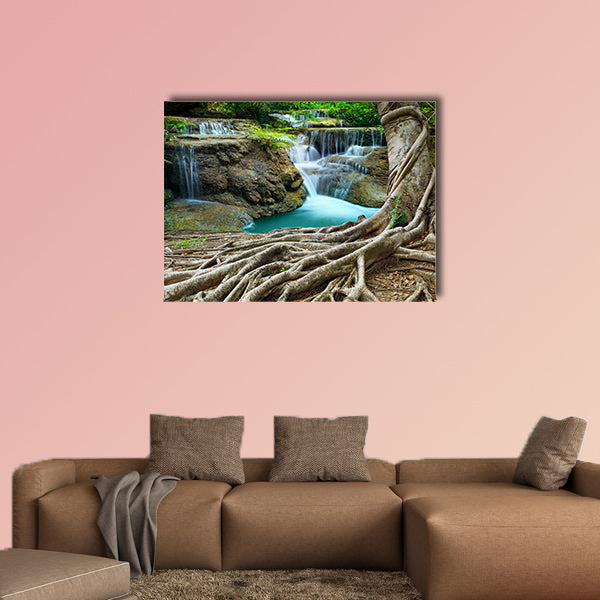 Banyan tree and limestone waterfalls in purity multi panel canvas wall art
