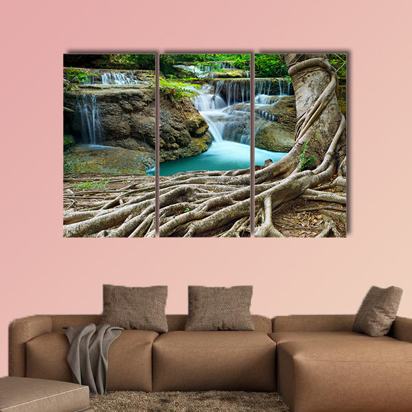 Banyan tree and limestone waterfalls in purity multi panel canvas wall art