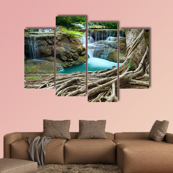 Banyan tree and limestone waterfalls in purity multi panel canvas wall art