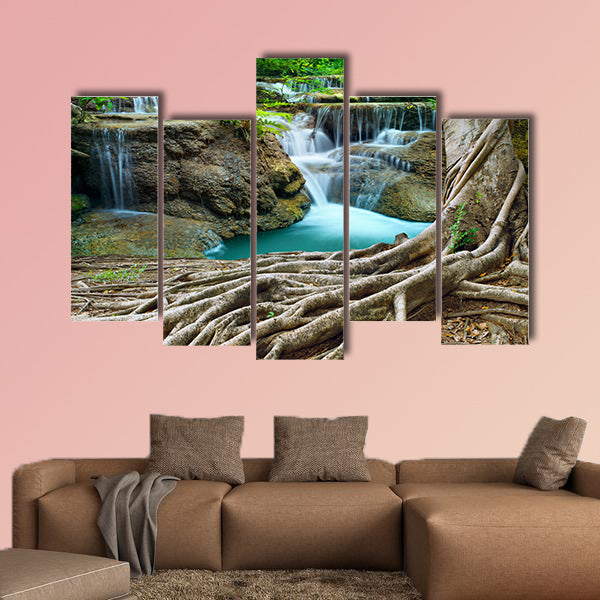 Banyan tree and limestone waterfalls in purity multi panel canvas wall art