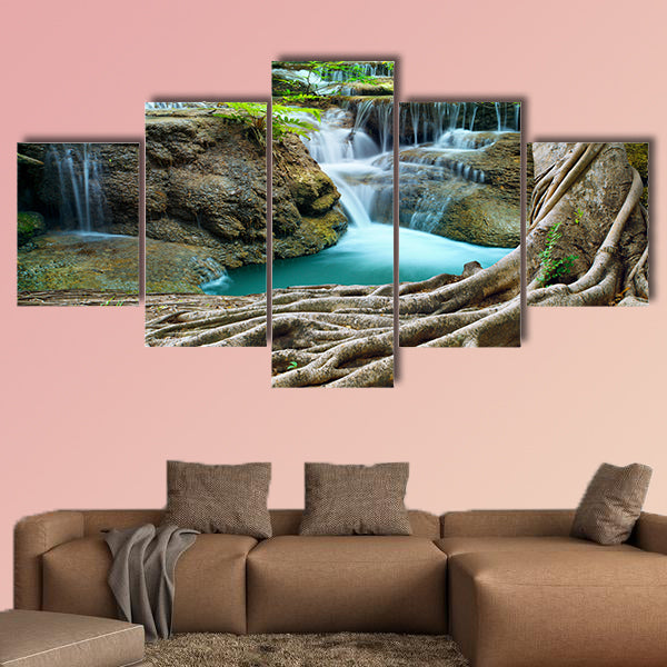 Banyan tree and limestone waterfalls in purity multi panel canvas wall art